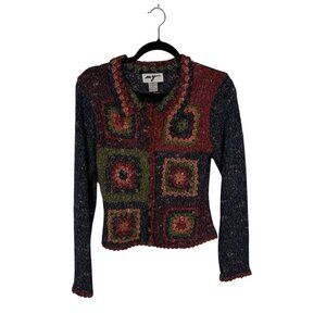 M Y Vintage Women SZ S Wool Blend Granny Square Button Up Collar Knit Sweater